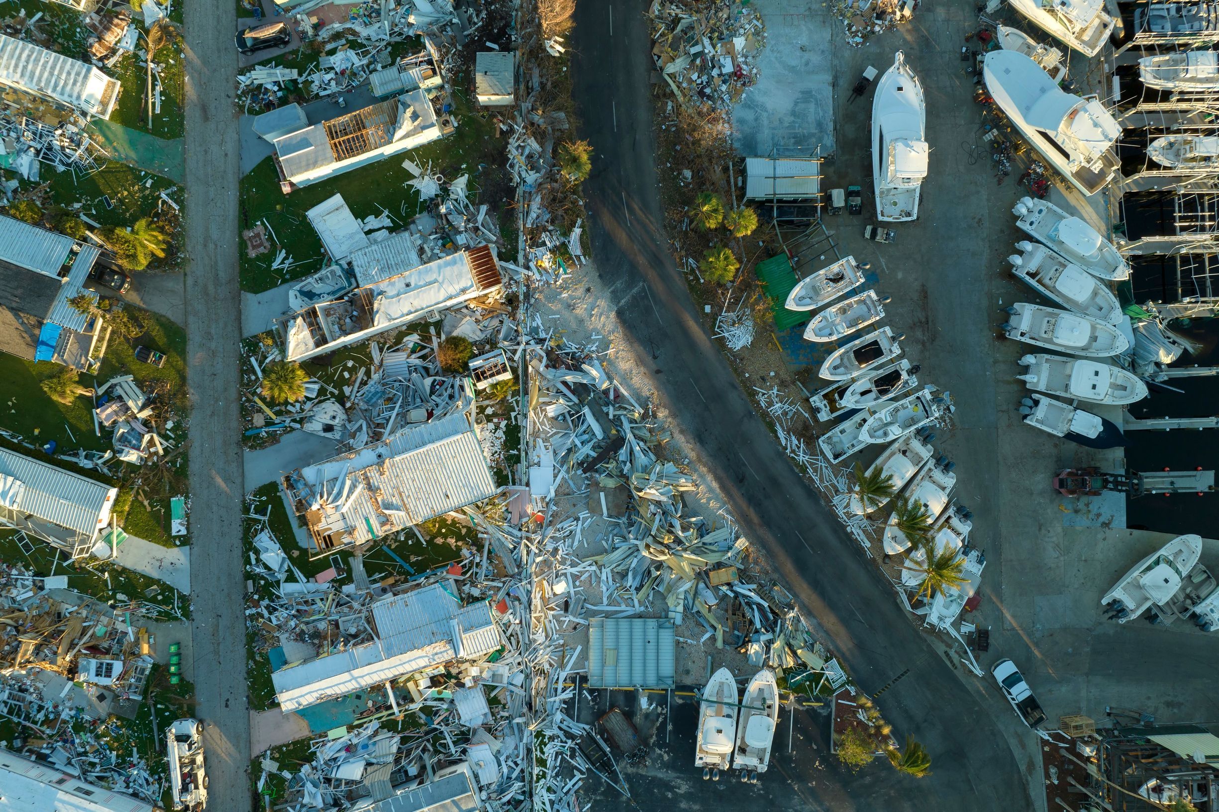 Aerial view of a Florida mobile home residential area after a hurricane passed through in late 2024.