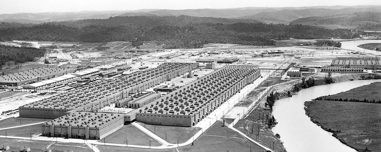 An aerial view of the K-25 Gaseous Diffusion Plant at Oak Ridge.