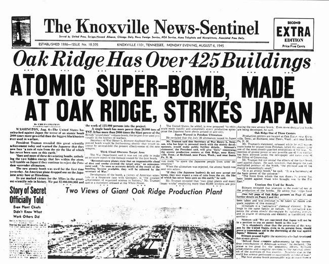 Front-page of Knoxville News-Sentinel on August 6th, 1945
